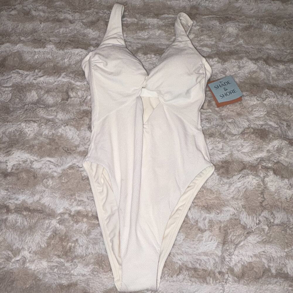 🌞 Shade & Shore One-Piece Swimsuit White Textured Size S (4-6) NWT 🌞